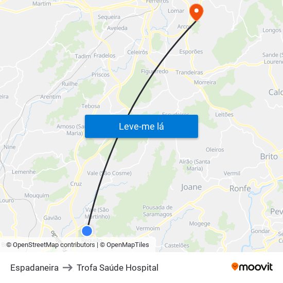 Espadaneira to Trofa Saúde Hospital map