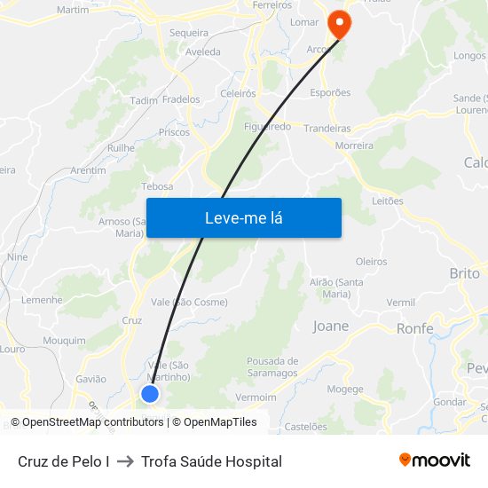 Cruz de Pelo I to Trofa Saúde Hospital map
