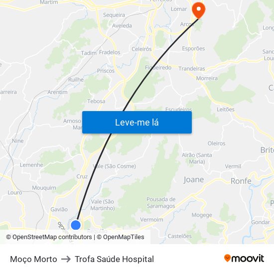 Moço Morto to Trofa Saúde Hospital map