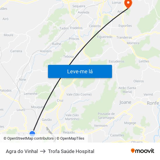 Agra do Vinhal to Trofa Saúde Hospital map