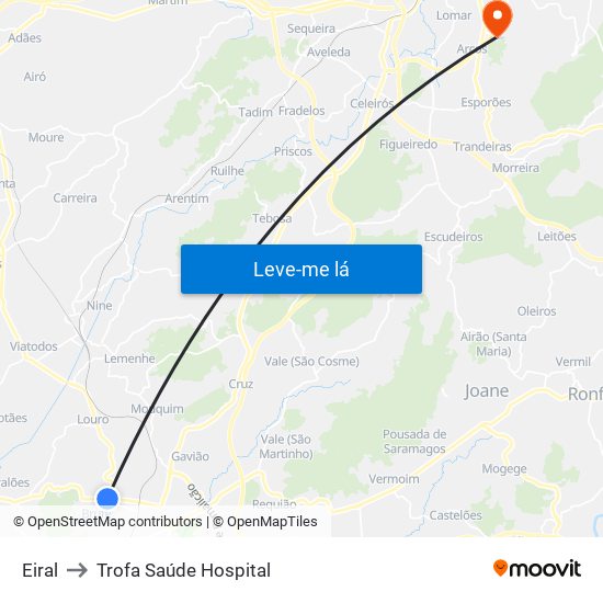 Eiral to Trofa Saúde Hospital map