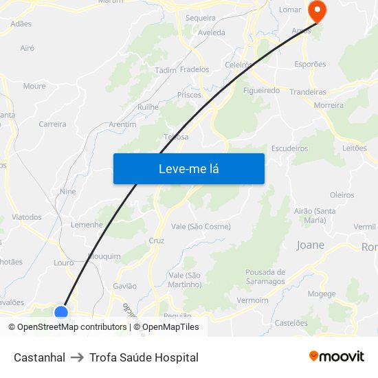 Castanhal to Trofa Saúde Hospital map