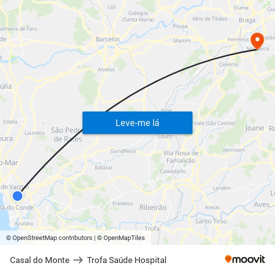 Casal do Monte to Trofa Saúde Hospital map