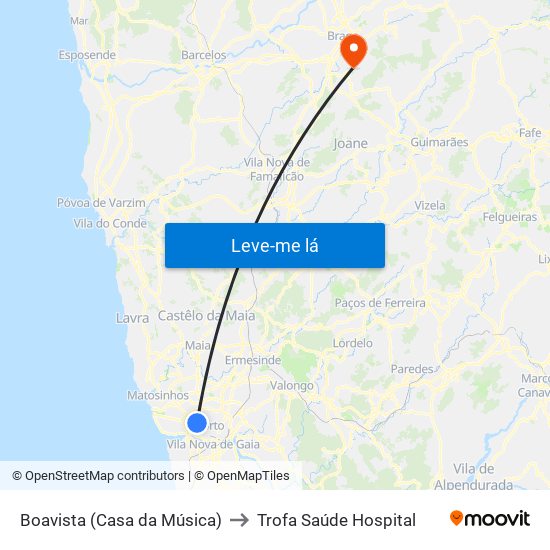 Boavista (Casa da Música) to Trofa Saúde Hospital map