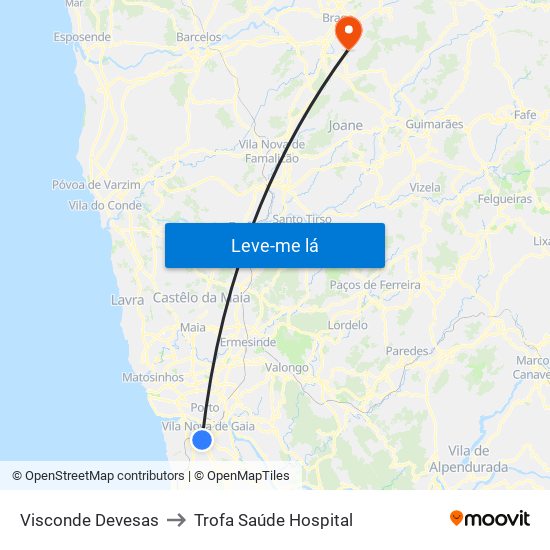 Visconde Devesas to Trofa Saúde Hospital map