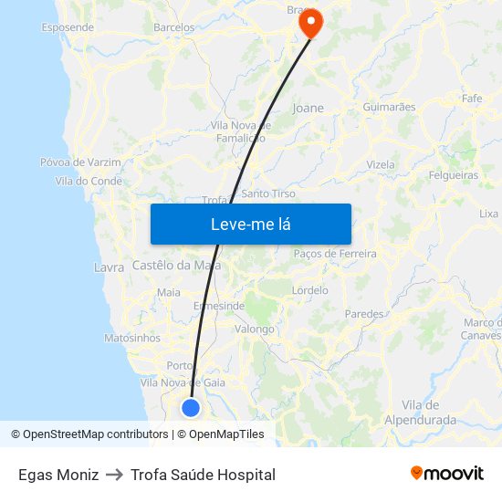 Egas Moniz to Trofa Saúde Hospital map