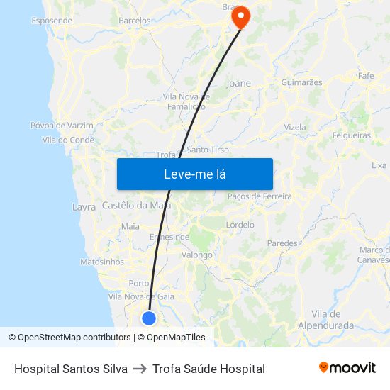 Hospital Santos Silva to Trofa Saúde Hospital map