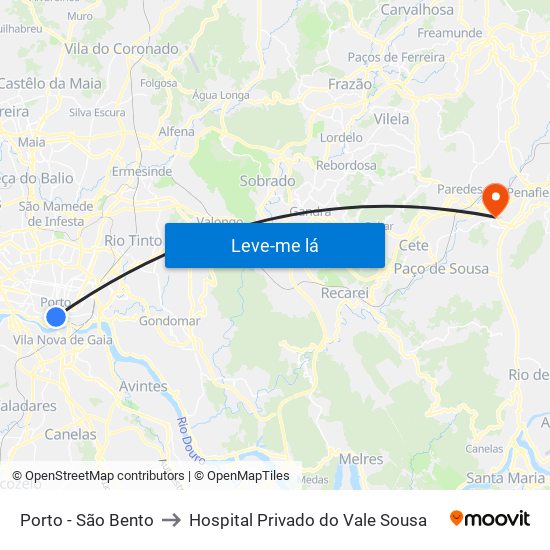 Porto - São Bento to Hospital Privado do Vale Sousa map