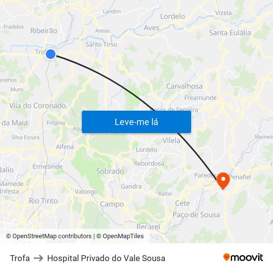 Trofa to Hospital Privado do Vale Sousa map