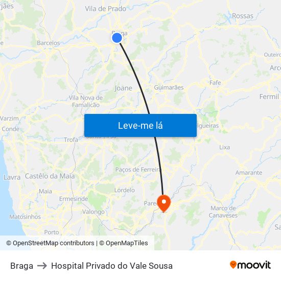 Braga to Hospital Privado do Vale Sousa map