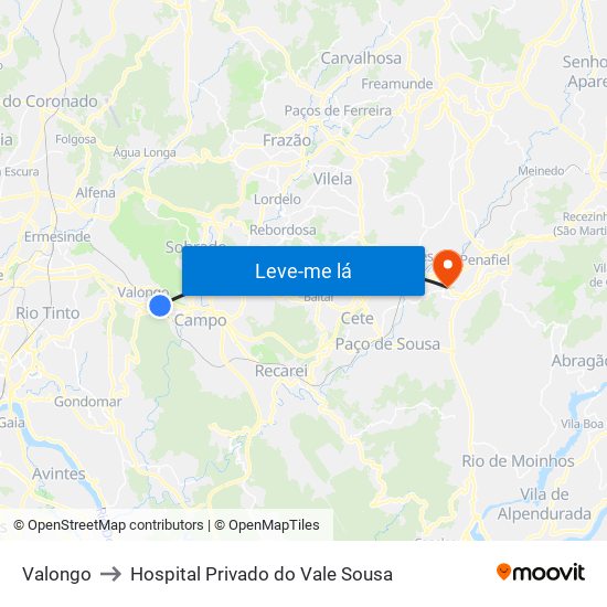 Valongo to Hospital Privado do Vale Sousa map