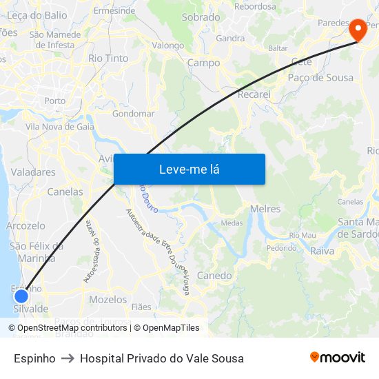 Espinho to Hospital Privado do Vale Sousa map