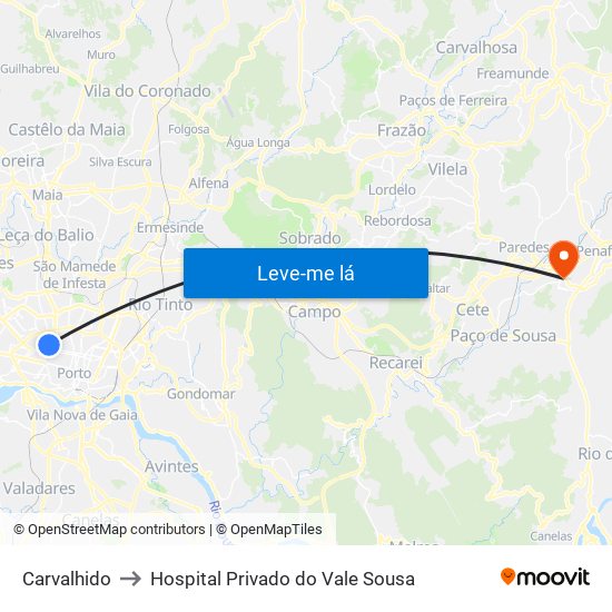 Carvalhido to Hospital Privado do Vale Sousa map