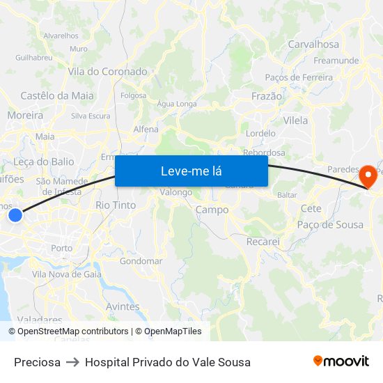 Preciosa to Hospital Privado do Vale Sousa map