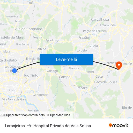 Laranjeiras to Hospital Privado do Vale Sousa map