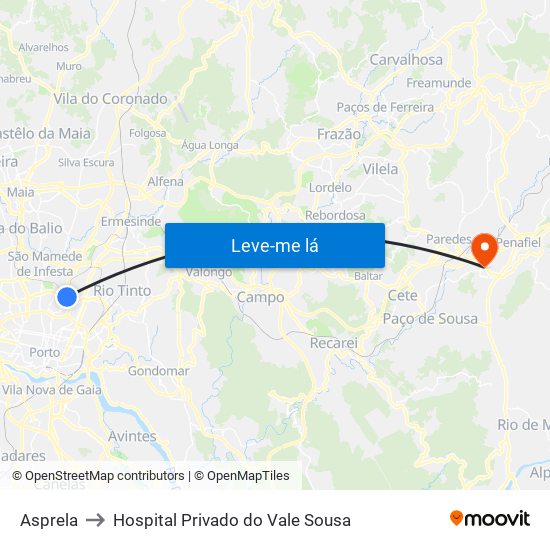 Asprela to Hospital Privado do Vale Sousa map