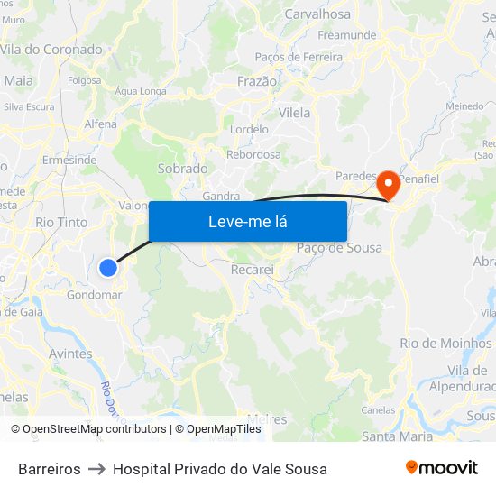 Barreiros to Hospital Privado do Vale Sousa map