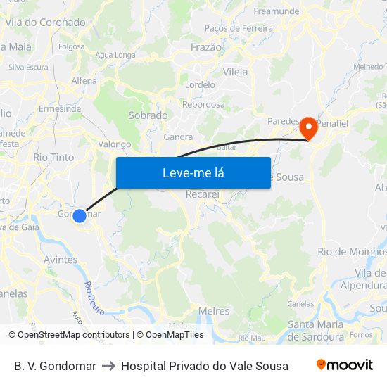 B. V. Gondomar to Hospital Privado do Vale Sousa map