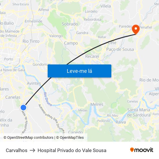Carvalhos to Hospital Privado do Vale Sousa map
