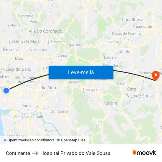 Continente to Hospital Privado do Vale Sousa map