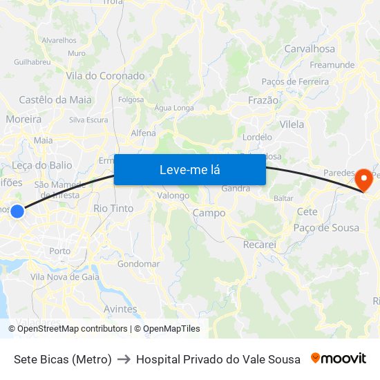 Sete Bicas (Metro) to Hospital Privado do Vale Sousa map