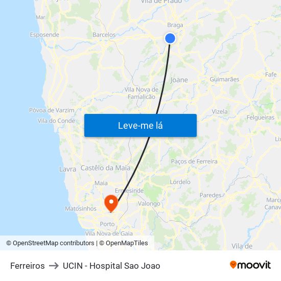 Ferreiros to UCIN - Hospital Sao Joao map