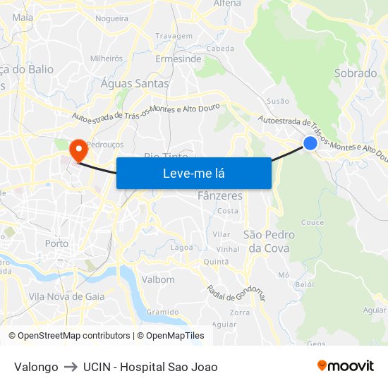 Valongo to UCIN - Hospital Sao Joao map