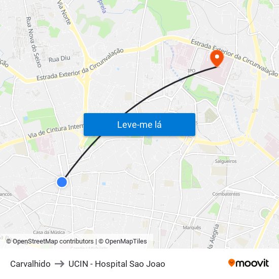Carvalhido to UCIN - Hospital Sao Joao map