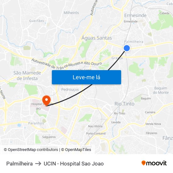 Palmilheira to UCIN - Hospital Sao Joao map