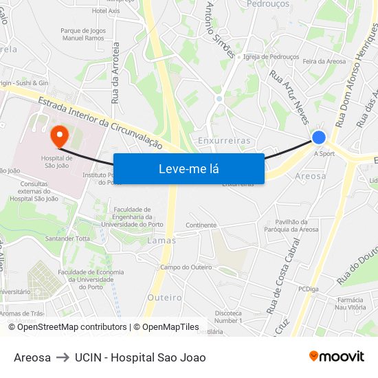 Areosa to UCIN - Hospital Sao Joao map