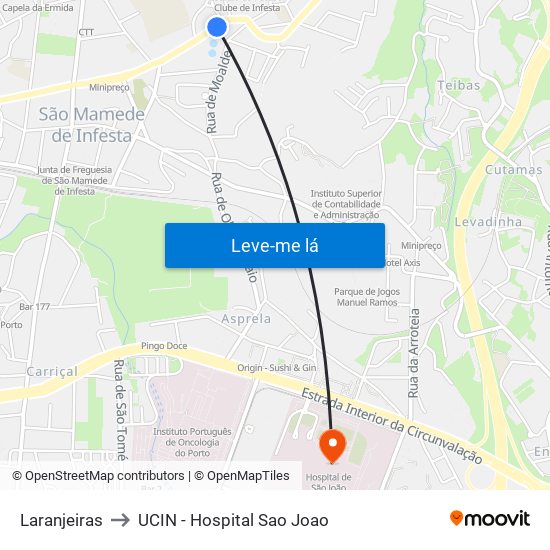 Laranjeiras to UCIN - Hospital Sao Joao map