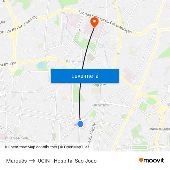 Marquês to UCIN - Hospital Sao Joao map
