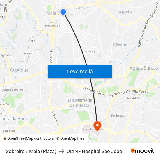 Sobreiro / Maia (Plaza) to UCIN - Hospital Sao Joao map