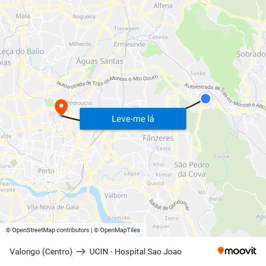 Valongo (Centro) to UCIN - Hospital Sao Joao map