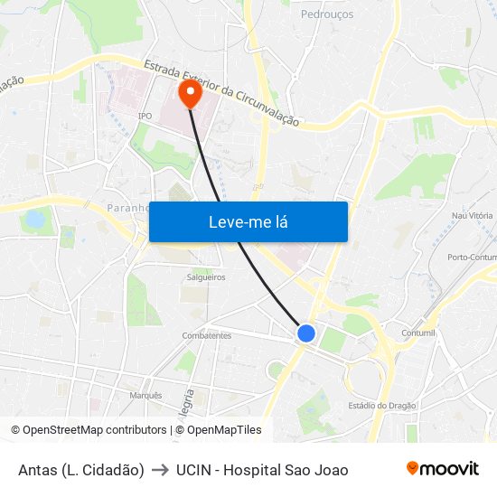 Antas (L. Cidadão) to UCIN - Hospital Sao Joao map