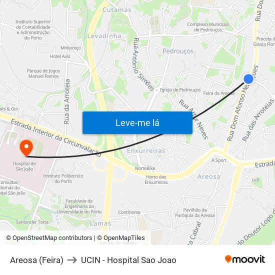 Areosa (Feira) to UCIN - Hospital Sao Joao map