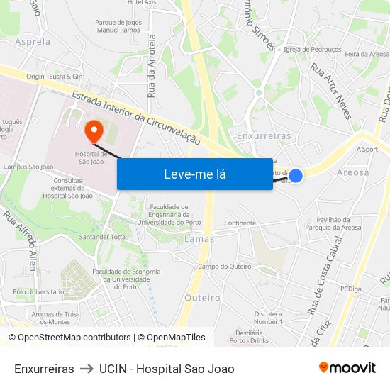 Enxurreiras to UCIN - Hospital Sao Joao map