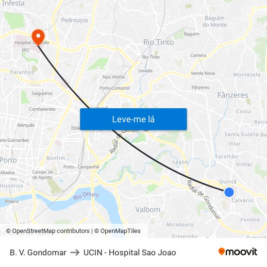 B. V. Gondomar to UCIN - Hospital Sao Joao map