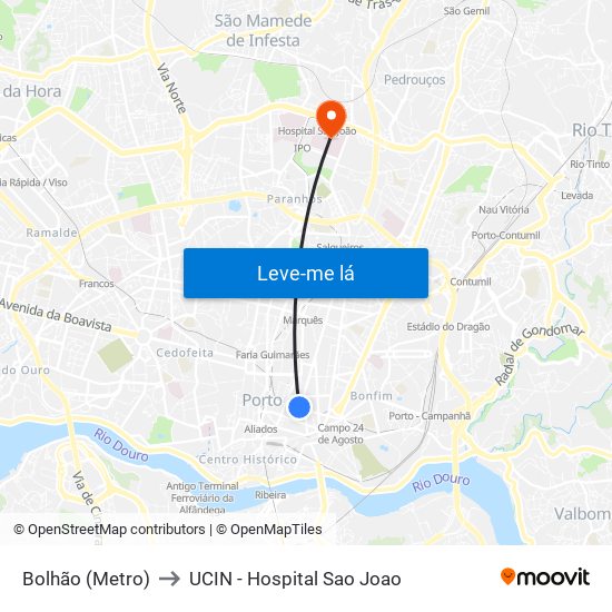 Bolhão (Metro) to UCIN - Hospital Sao Joao map