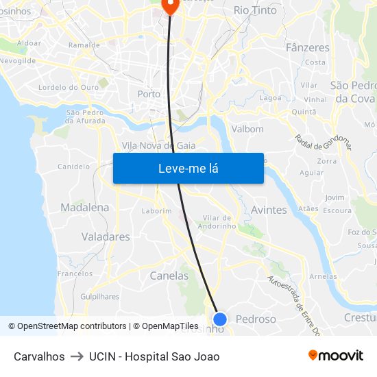 Carvalhos to UCIN - Hospital Sao Joao map
