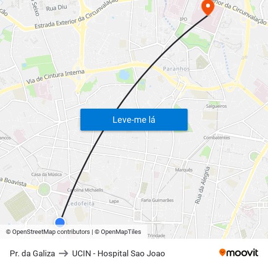 Pr. da Galiza to UCIN - Hospital Sao Joao map