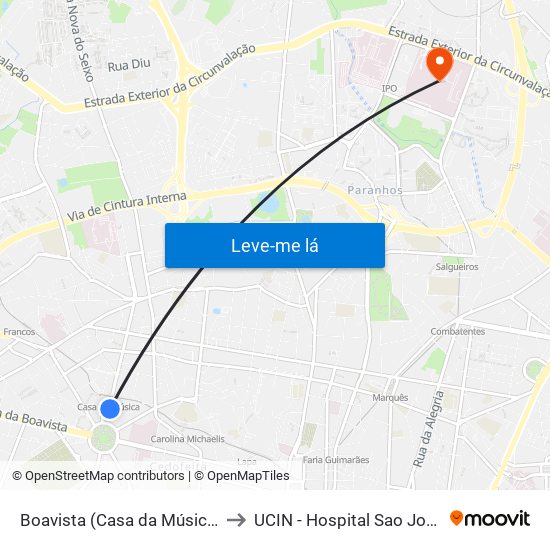 Boavista (Casa da Música) to UCIN - Hospital Sao Joao map