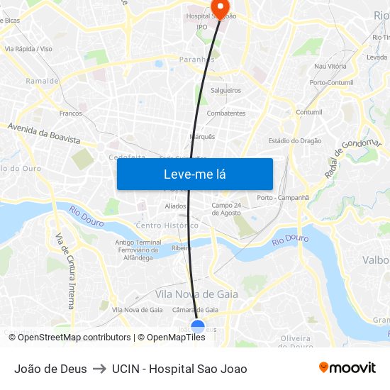 João de Deus to UCIN - Hospital Sao Joao map