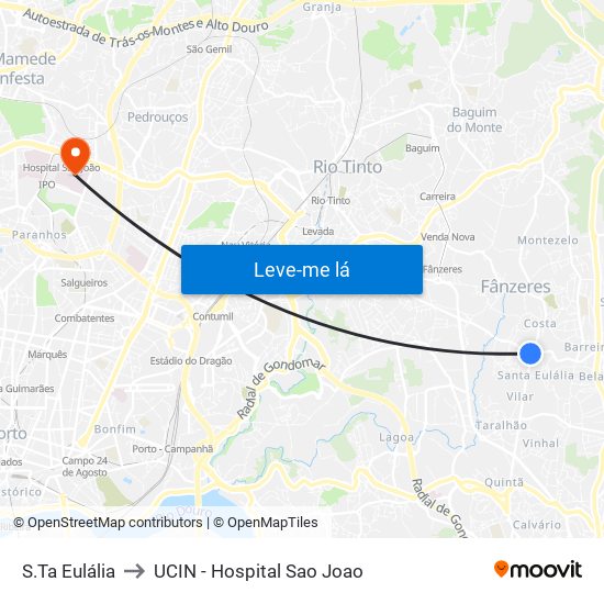 S.Ta Eulália to UCIN - Hospital Sao Joao map