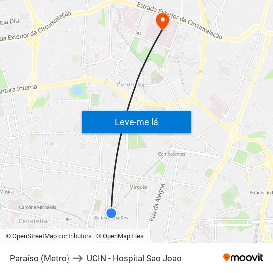 Paraíso (Metro) to UCIN - Hospital Sao Joao map