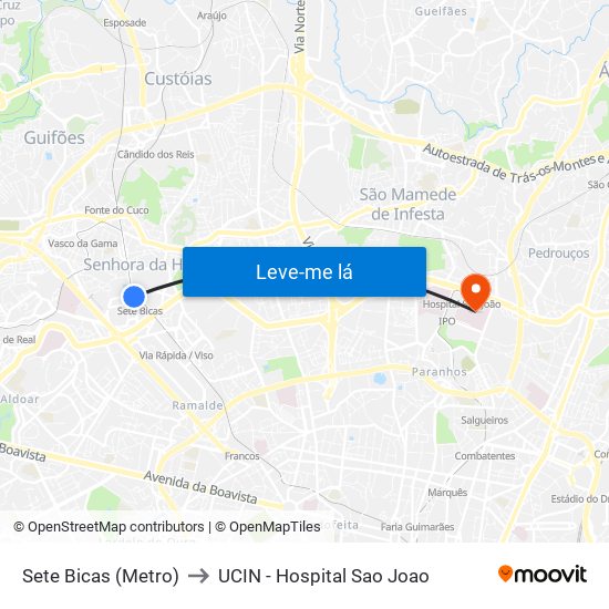 Sete Bicas (Metro) to UCIN - Hospital Sao Joao map