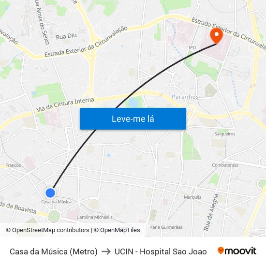 Casa da Música (Metro) to UCIN - Hospital Sao Joao map