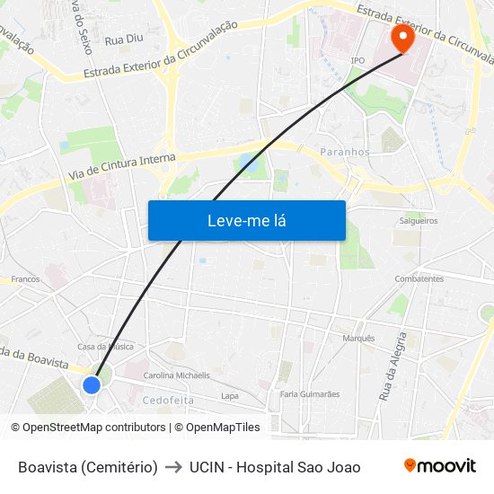 Boavista (Cemitério) to UCIN - Hospital Sao Joao map