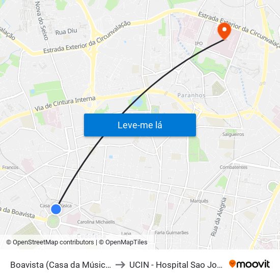 Boavista (Casa da Música) to UCIN - Hospital Sao Joao map