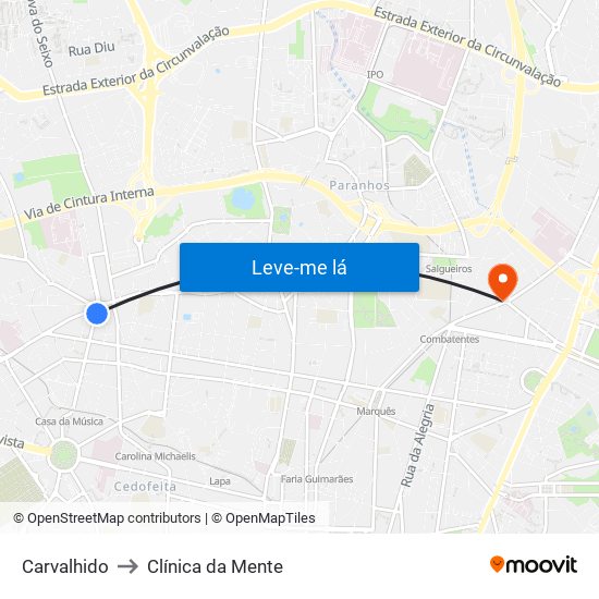 Carvalhido to Clínica da Mente map